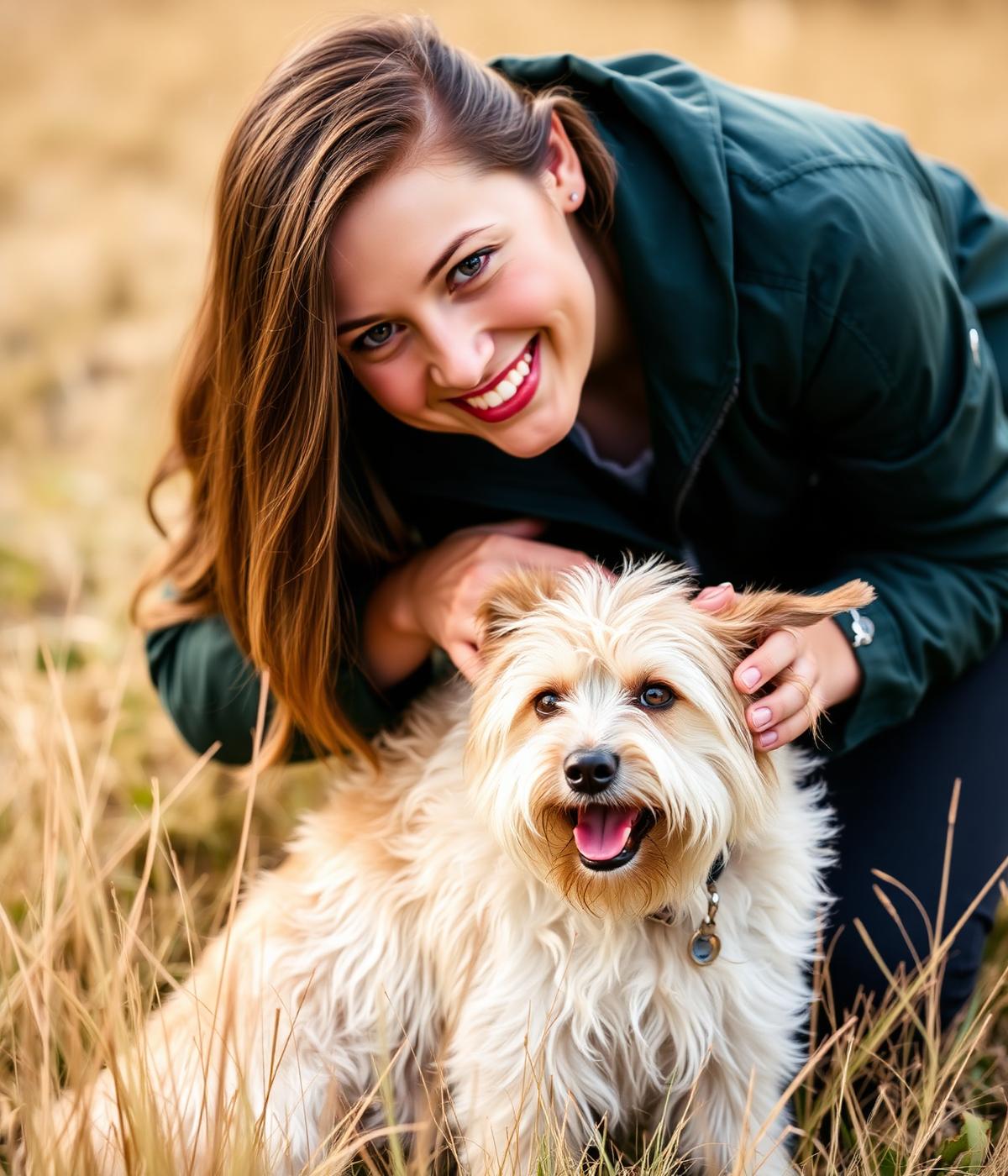 An Elowen Pet Care caretaker kneeling in the grass petting a scruffy rescue dog