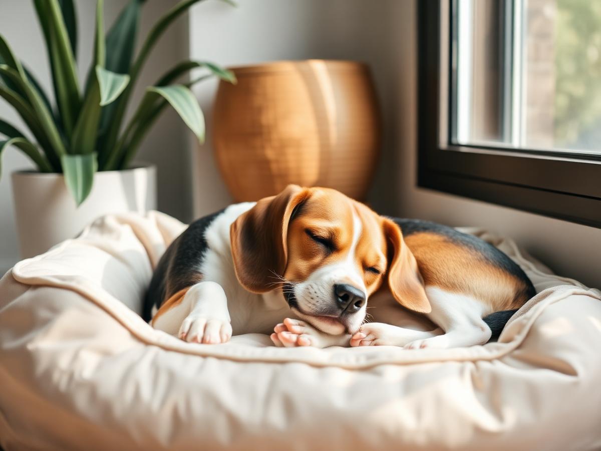 A beagle napping on a cream dog bed by a window