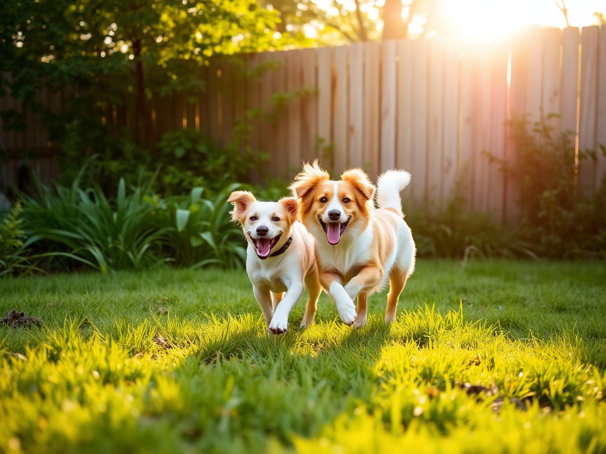 Two dogs running together in a fenced backyard at golden hour